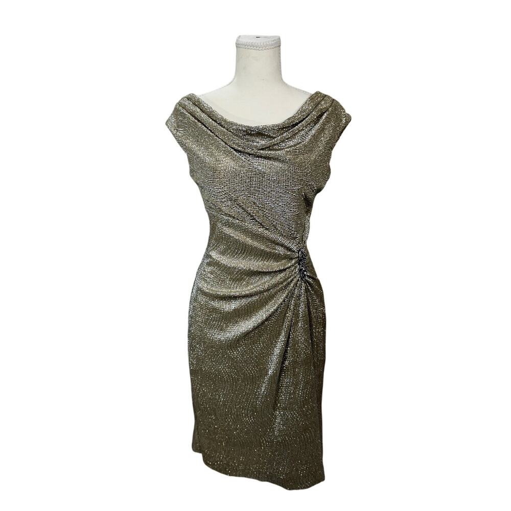 Lauren Ralph Lauren Gold Metallic Cowl Neck Ruched Dress 6 Wedding Guest Event - Picture 1 of 16